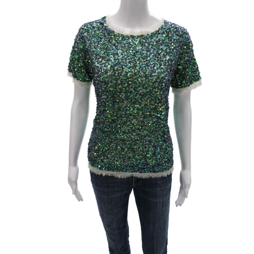 Gryphon New York Women Green Short Sleeve Button Front Round Neck Tee Size XS